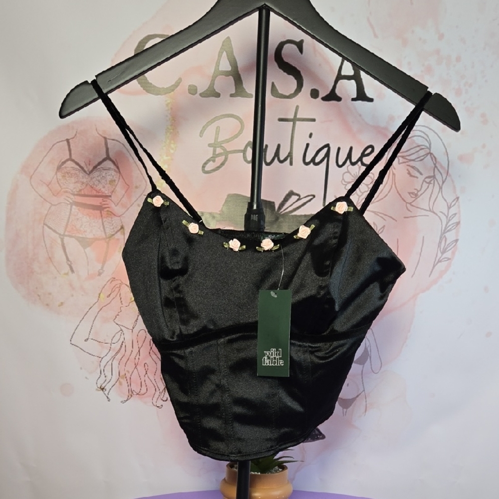 Wild Fable Black Velvet Crop Top with Flower Accents